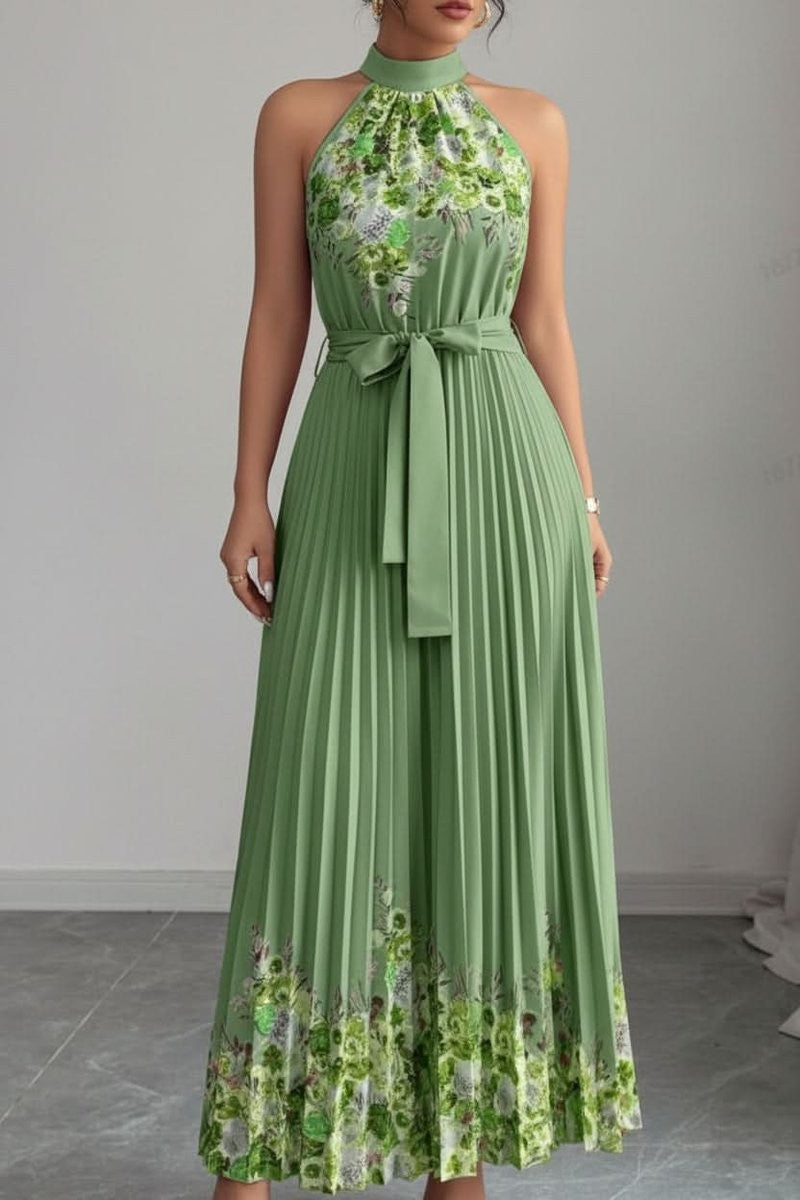 Sage green floral halter maxi dress with pleated skirt and tie belt
