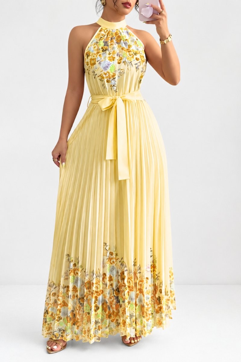 Pale yellow floral halter maxi dress with pleated skirt design
