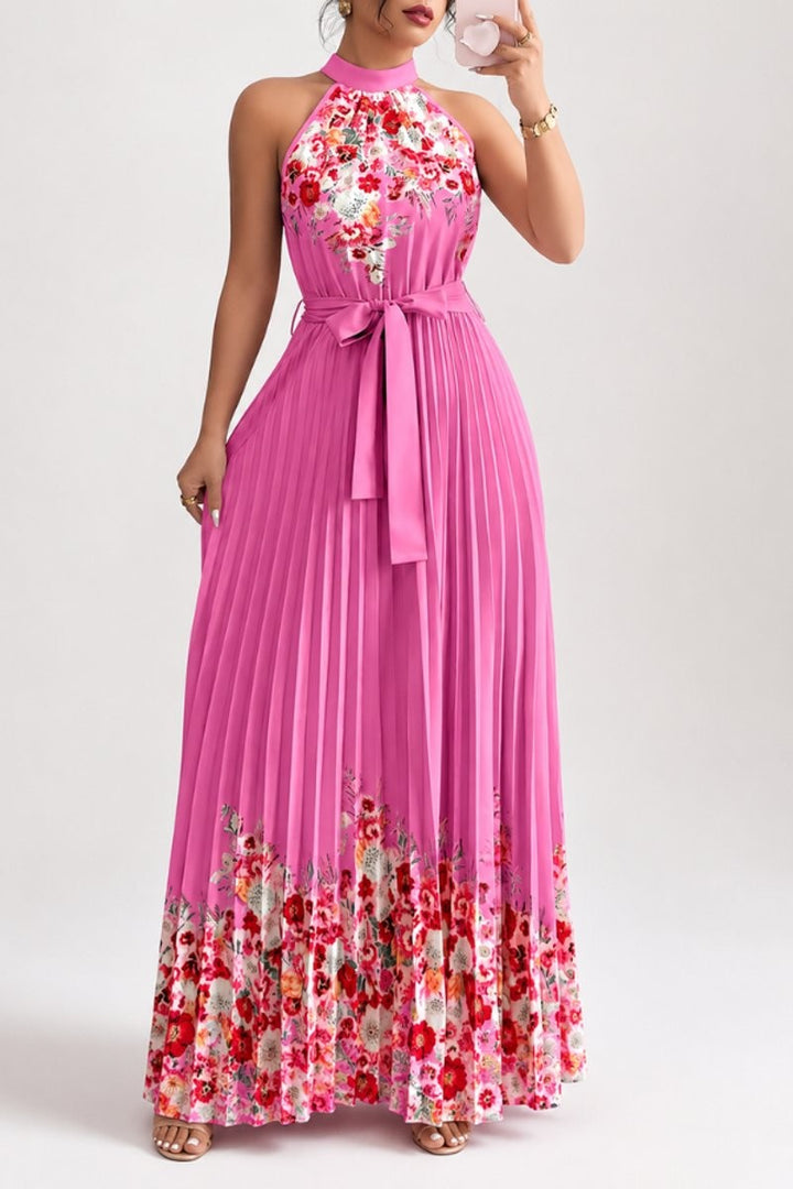 Rose pink floral halter maxi dress with pleated belted skirt
