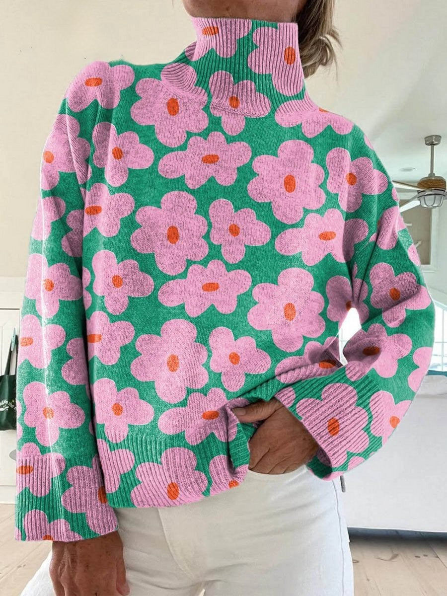 Green floral turtleneck sweater with pink flower print and long sleeves