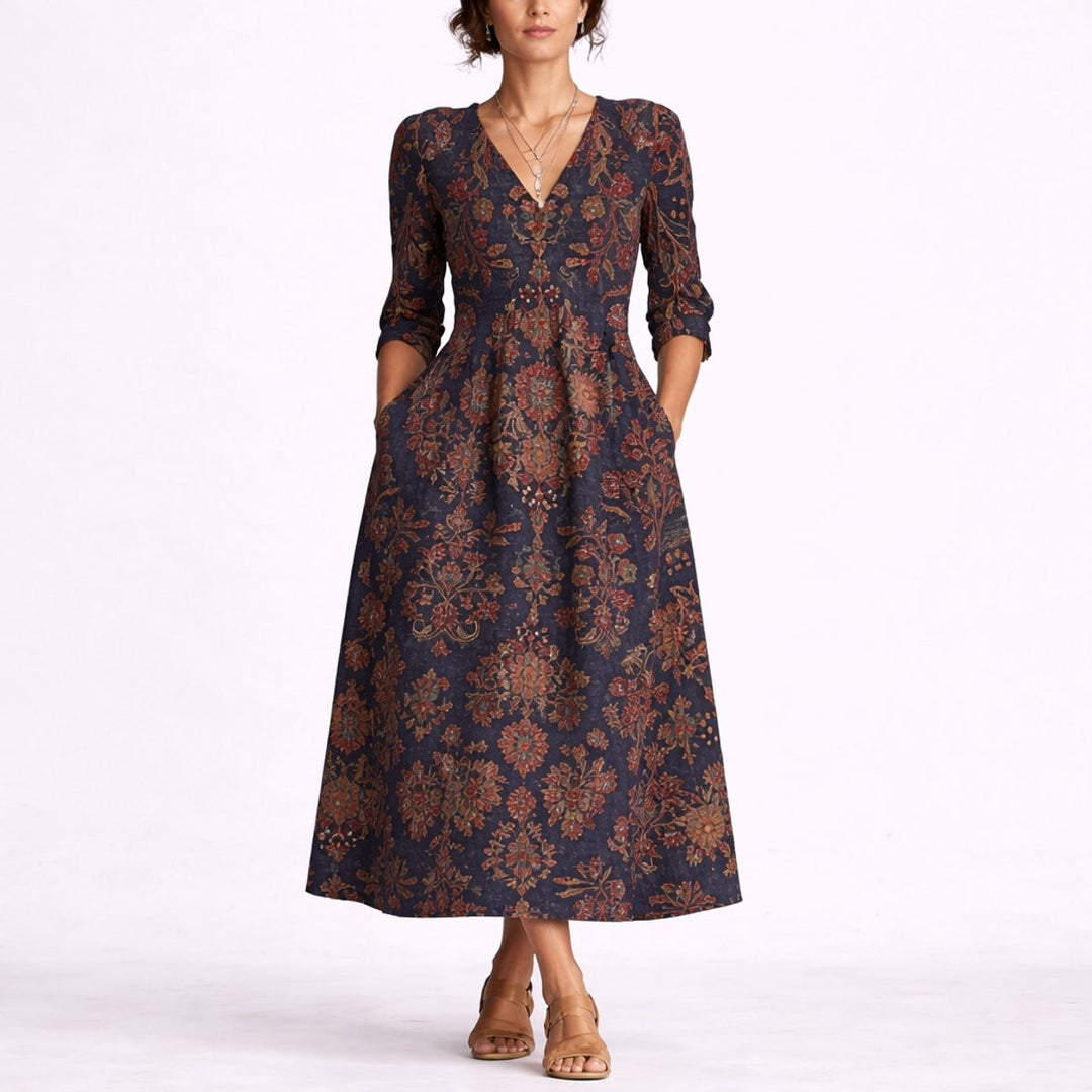 Navy floral print midi dress with V-neck and three-quarter sleeves, front view