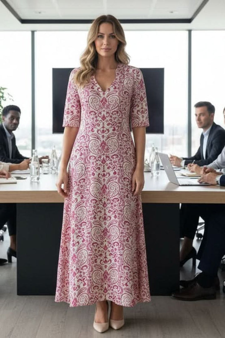 Pink paisley print V-neck maxi dress with half sleeves in office