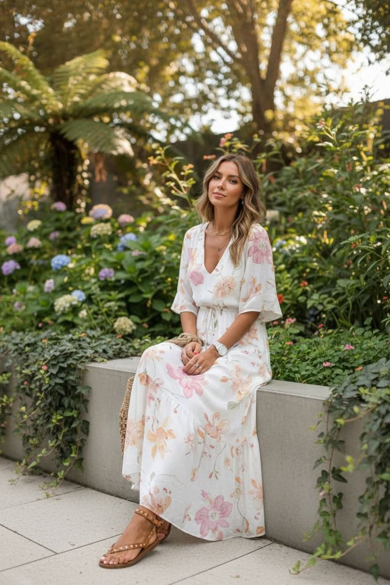 Pastel floral V-neck maxi dress with flutter sleeves in garden setting
