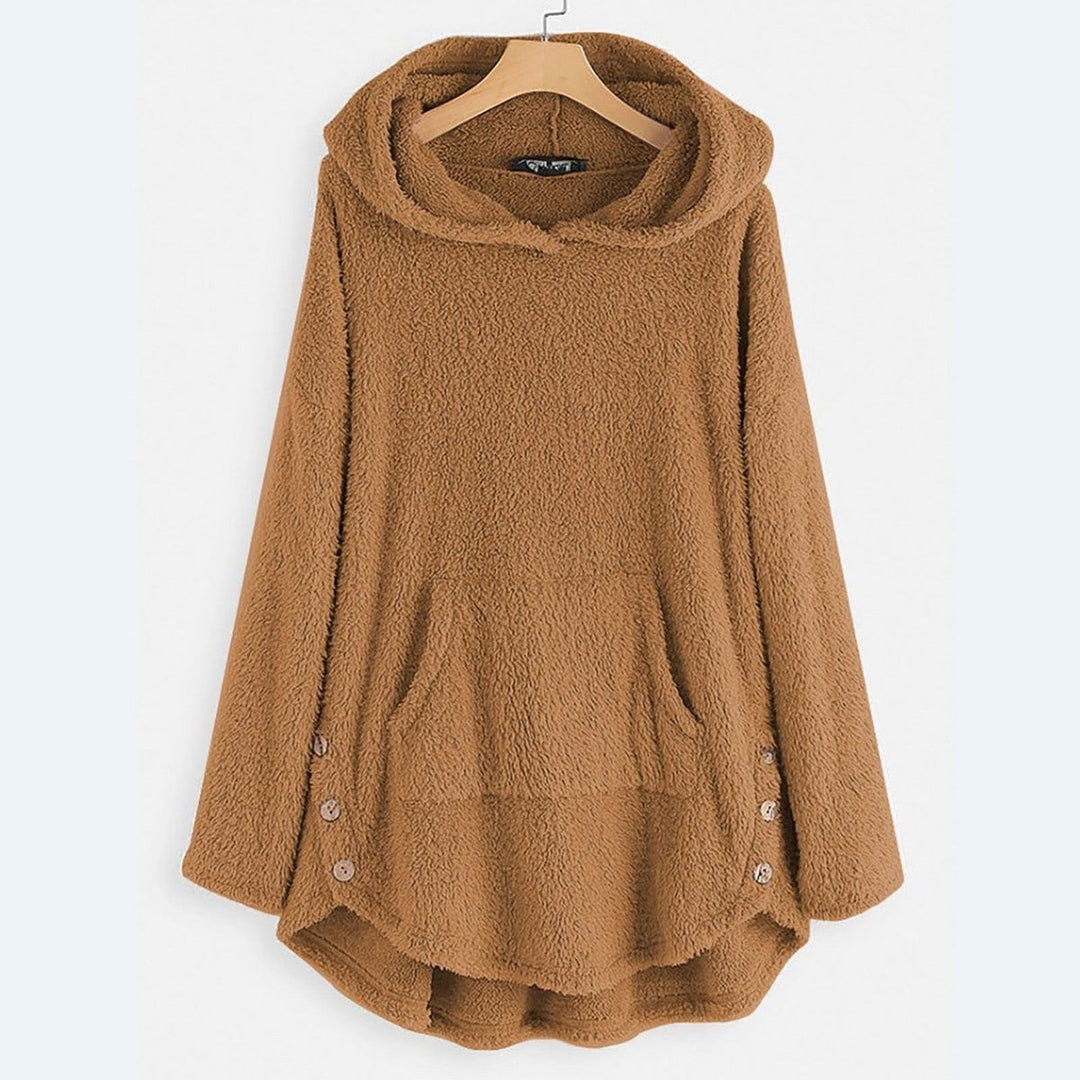 Camel fuzzy fleece hoodie with kangaroo pocket and button trim detail
