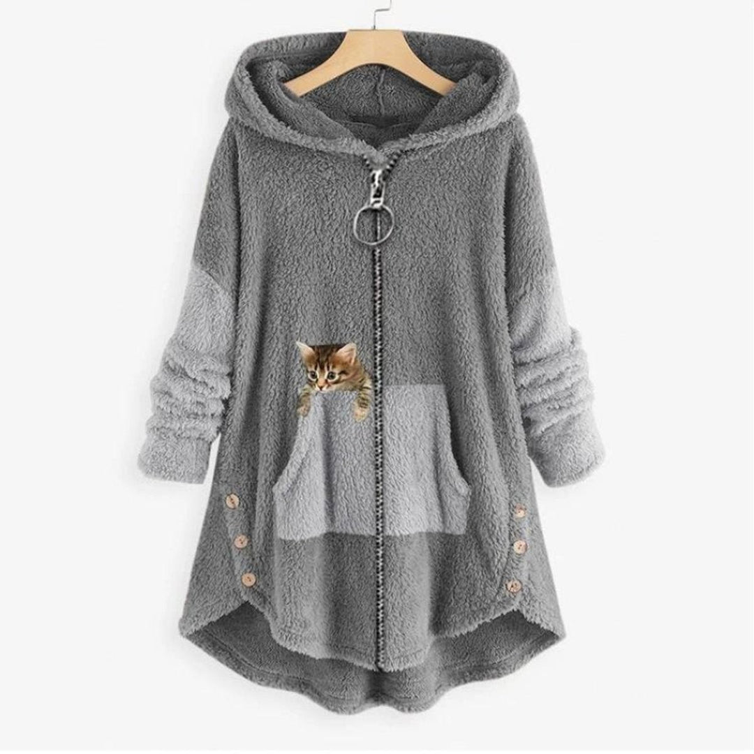 Gray plush zip-up hoodie with cat pocket print and button accents