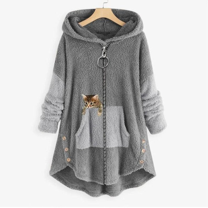 Gray plush zip-up hoodie with cat pocket print and button accents