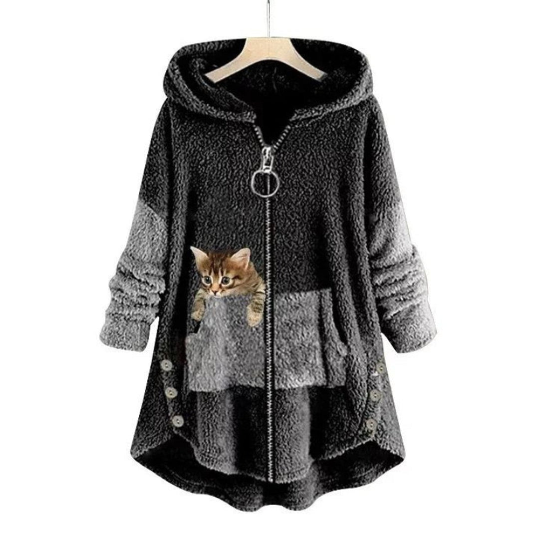 Black fuzzy hooded sweater featuring kitten pocket print and front zipper