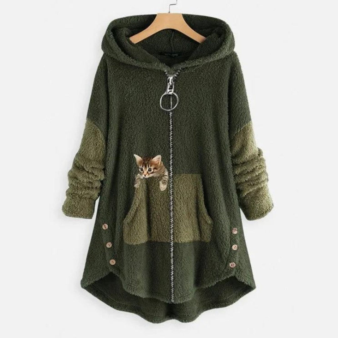 Olive green fleece zip-up hoodie with cute cat pocket graphic