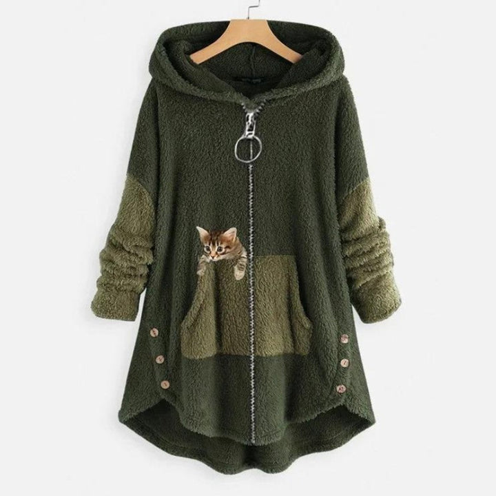 Olive green fleece zip-up hoodie with cute cat pocket graphic