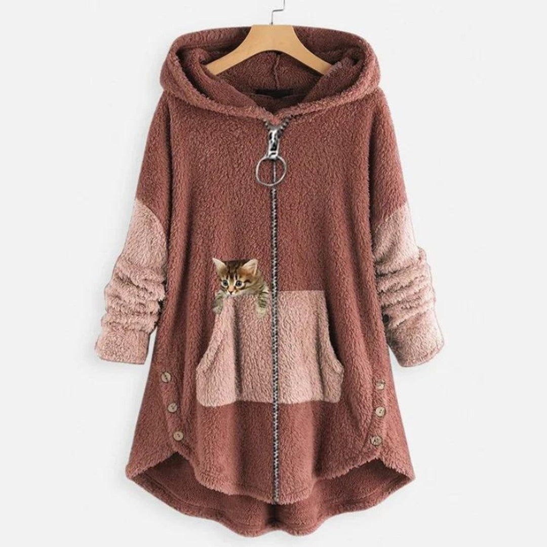 Rust pink colorblock fleece hoodie with playful kitten pocket design