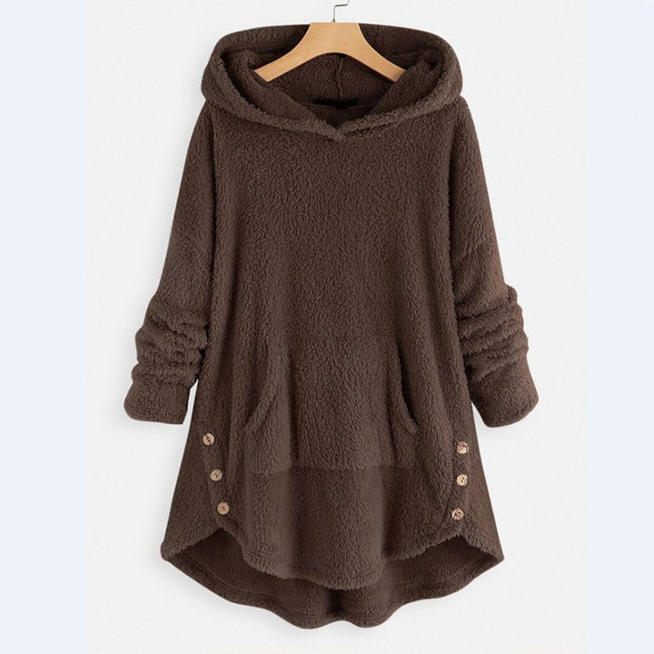 Brown fluffy pullover hoodie with kangaroo pocket and side button trim