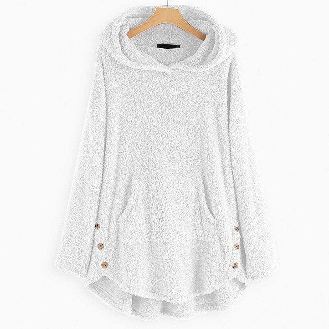 White fuzzy fleece hoodie with front pocket and curved hem design