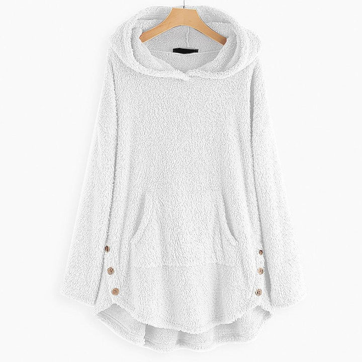 White fuzzy fleece hoodie with front pocket and curved hem design