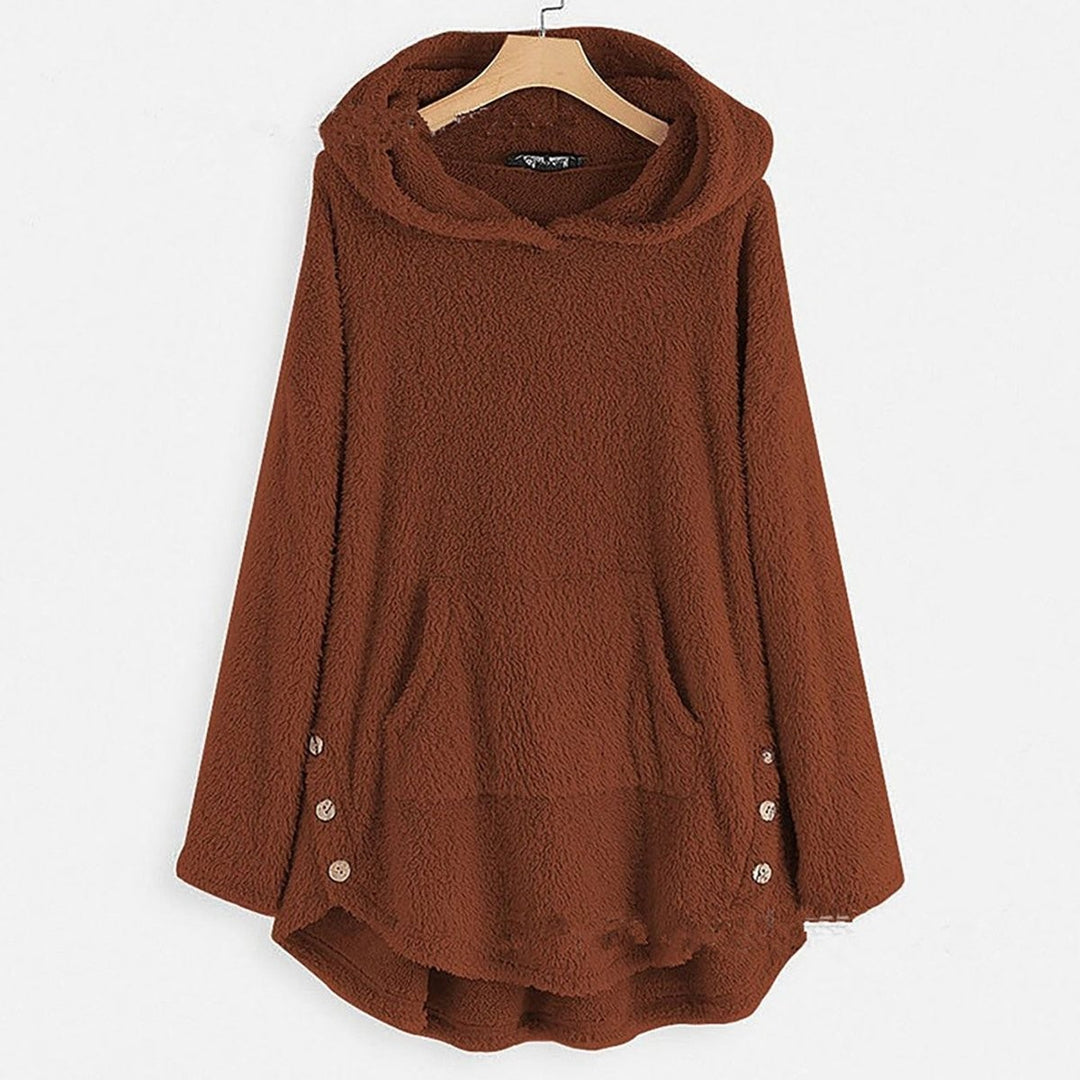 Chocolate brown plush hooded sweater with kangaroo pocket and buttons