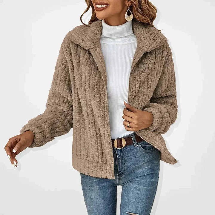 taupe fluffy zip-up teddy cardigan jacket with notched lapel collar
