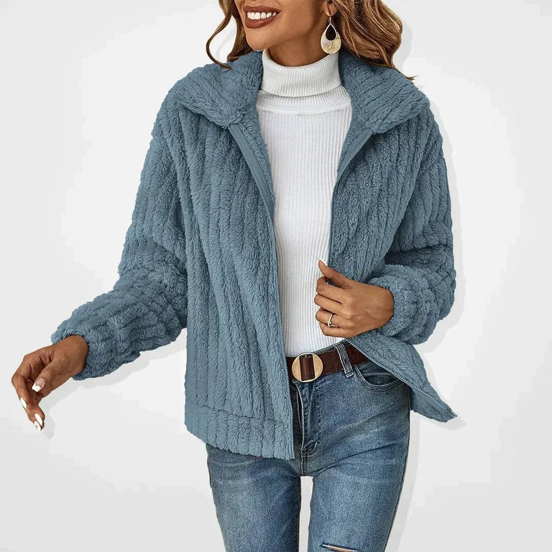 dusty blue plush zip-up teddy jacket with ribbed textured fleece