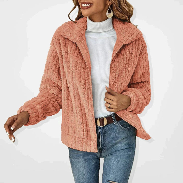 coral pink plush zip-up teddy cardigan jacket with textured fleece finish
