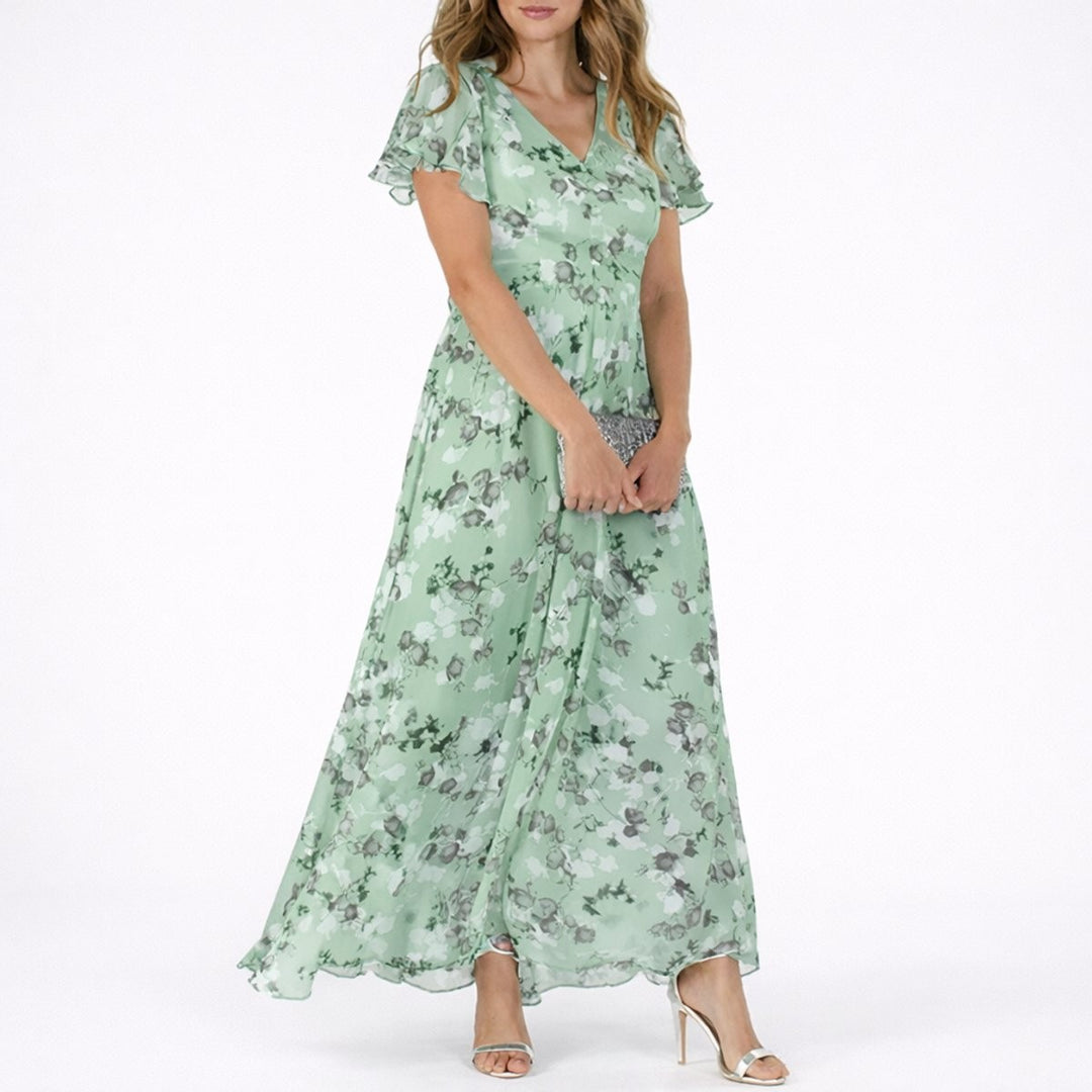 sage green floral chiffon maxi dress with flutter sleeves and flowy skirt