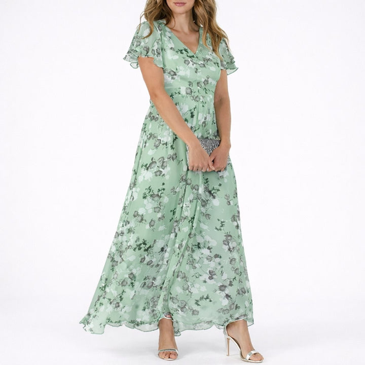 sage green floral chiffon maxi dress with flutter sleeves and flowy skirt