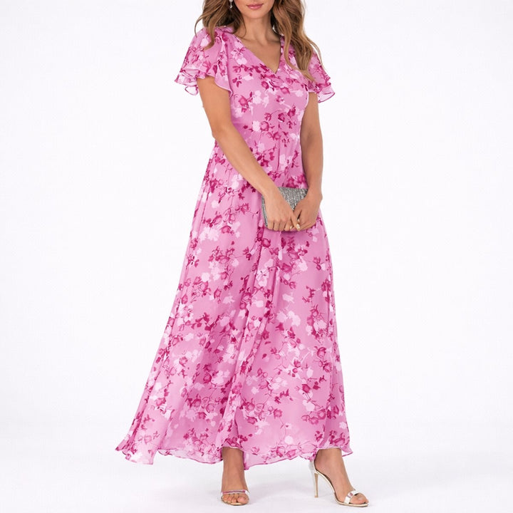 pink floral print maxi dress with flutter sleeves and V-neck design
