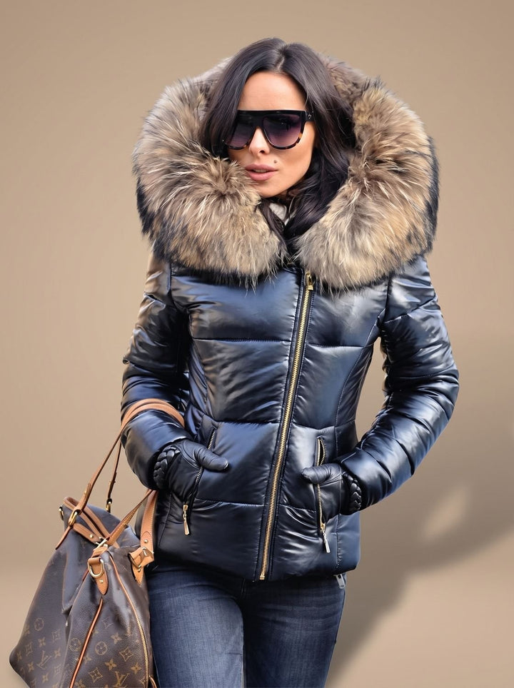 Black quilted puffer jacket with oversized fur hood and gold zippers