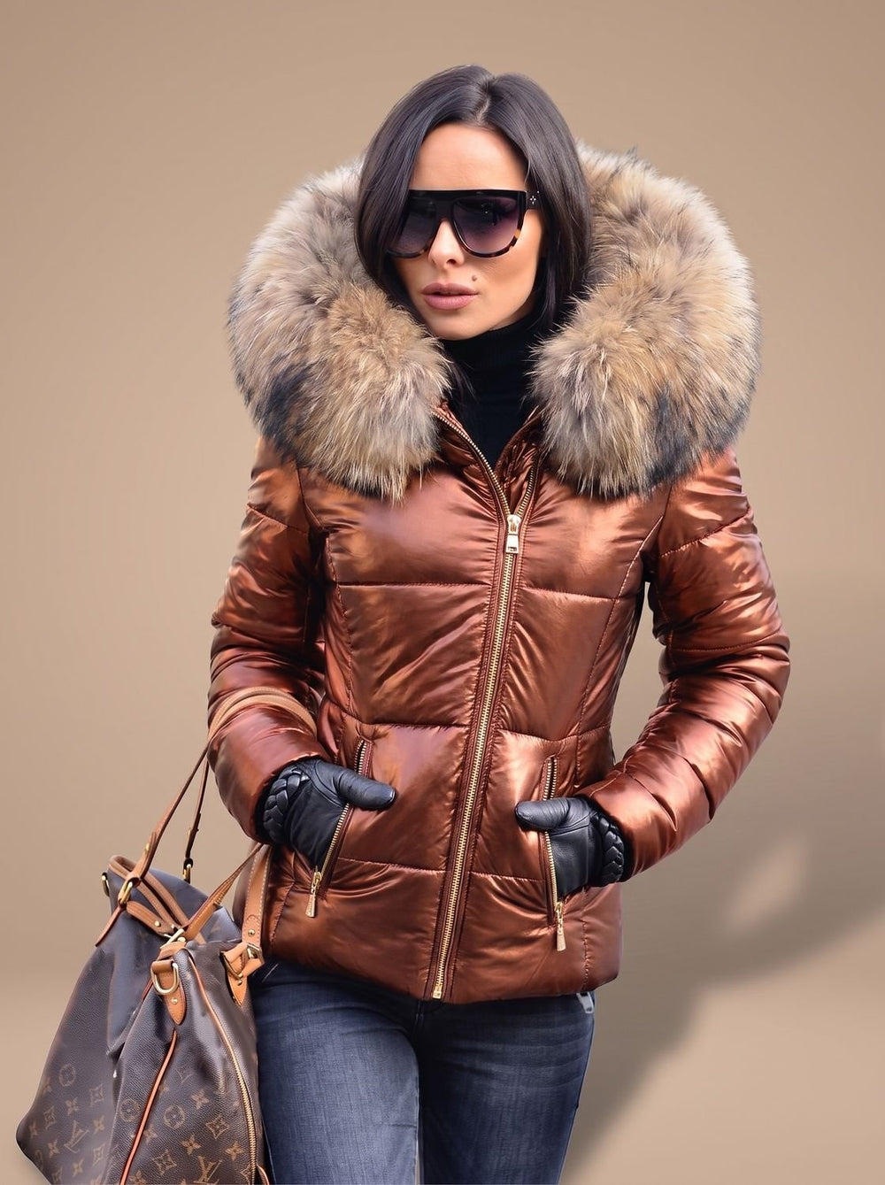 Bronze metallic puffer coat featuring fitted quilted design and fur trim hood