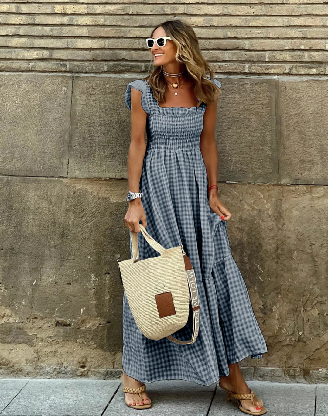 gray gingham smocked maxi dress with square neckline and ruffled cap sleeves