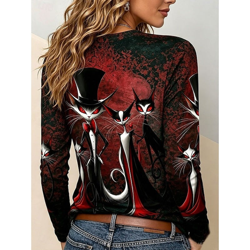 back view of red and black gothic cat graphic long-sleeve top