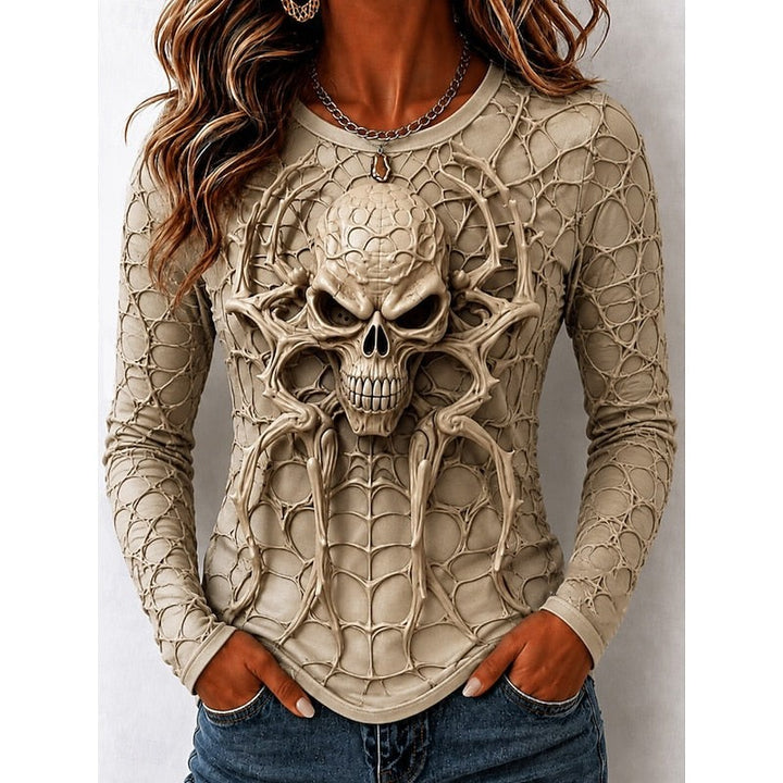 Beige long sleeve top with 3D spider skull and web print design