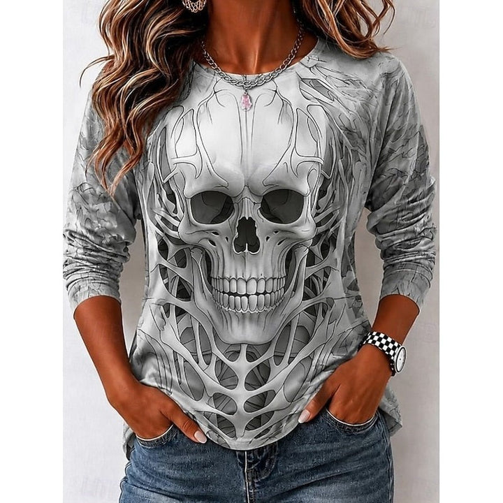 Gray long sleeve top featuring realistic 3D skull graphic print