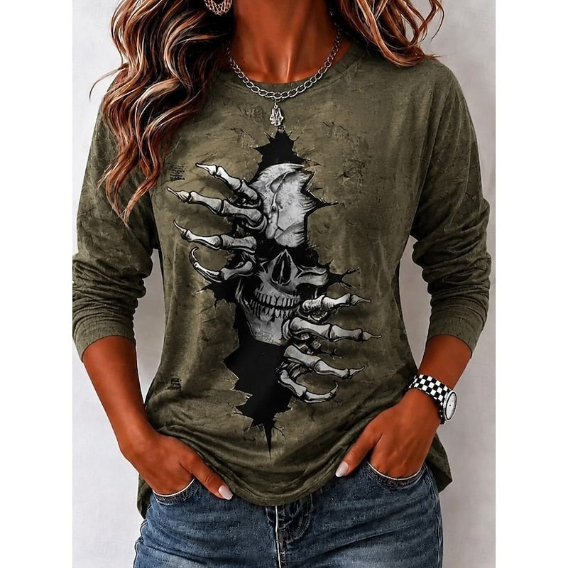 Olive green long sleeve top with skeleton hand ripping skull print