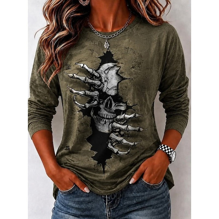 Olive green long sleeve top with skeleton hand ripping skull print