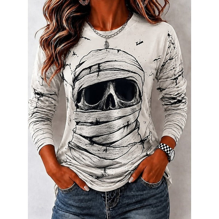 White long sleeve top featuring bandaged mummy skull Halloween print