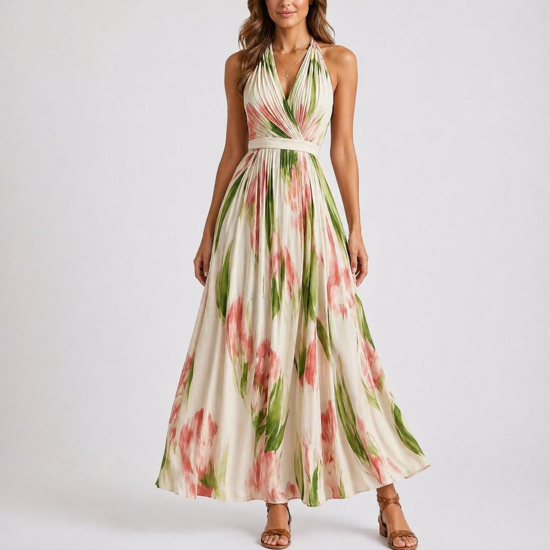 Halter neck floral maxi dress in pink and green watercolor print