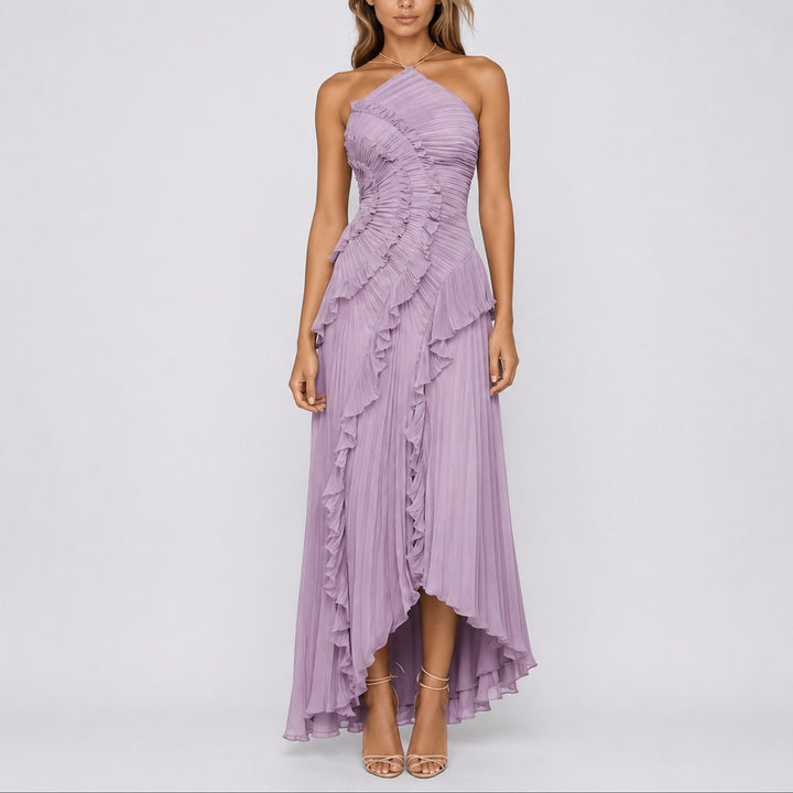 Lavender pleated halter maxi dress with ruffle detail, front view