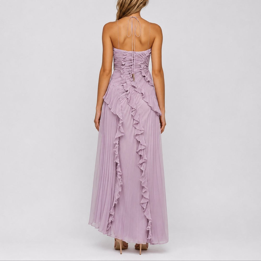 Lavender pleated maxi dress showing tie-back halter neckline and ruffles