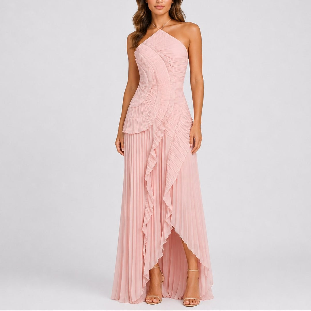 Blush pink pleated ruffle halter maxi dress, front view on model