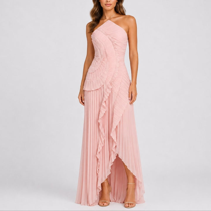 Blush pink pleated ruffle halter maxi dress, front view on model