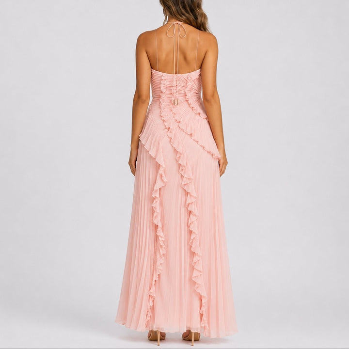 Blush pink halter maxi dress with pleated ruffle back and tie neckline