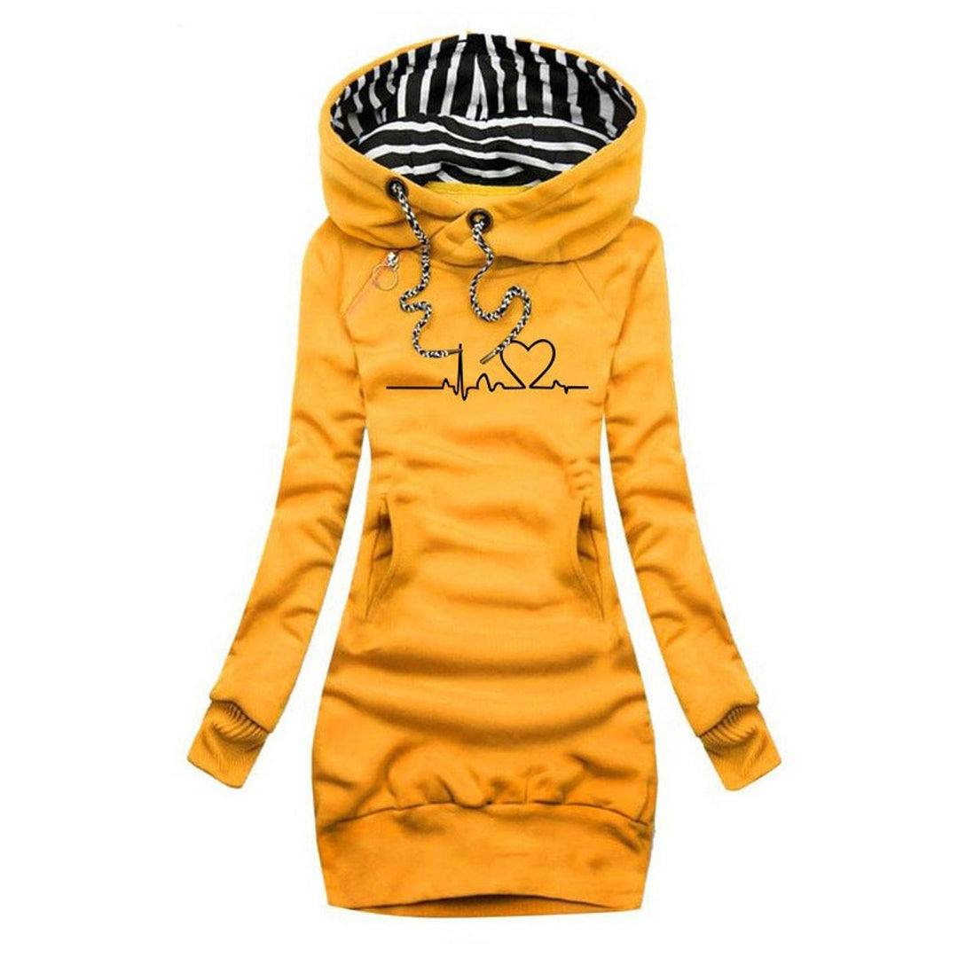 Mustard yellow hoodie dress with heartbeat print and striped hood lining