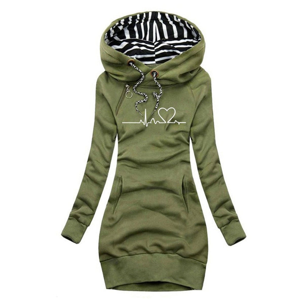 Army green pullover hoodie dress featuring heartbeat and heart graphic
