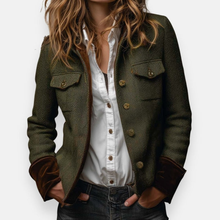 olive green herringbone blazer with brown velvet cuffs and button front