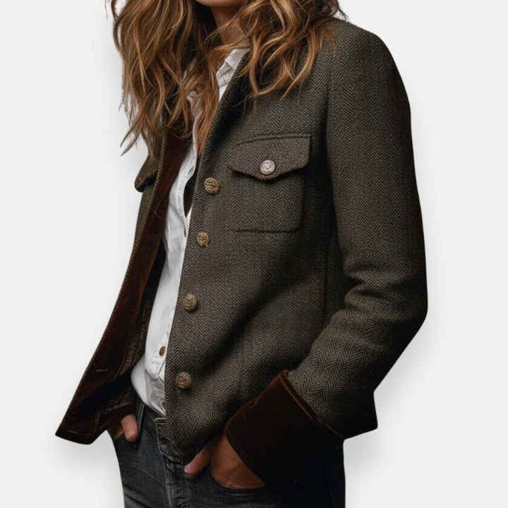 side view of women's structured herringbone jacket with contrast velvet trim
