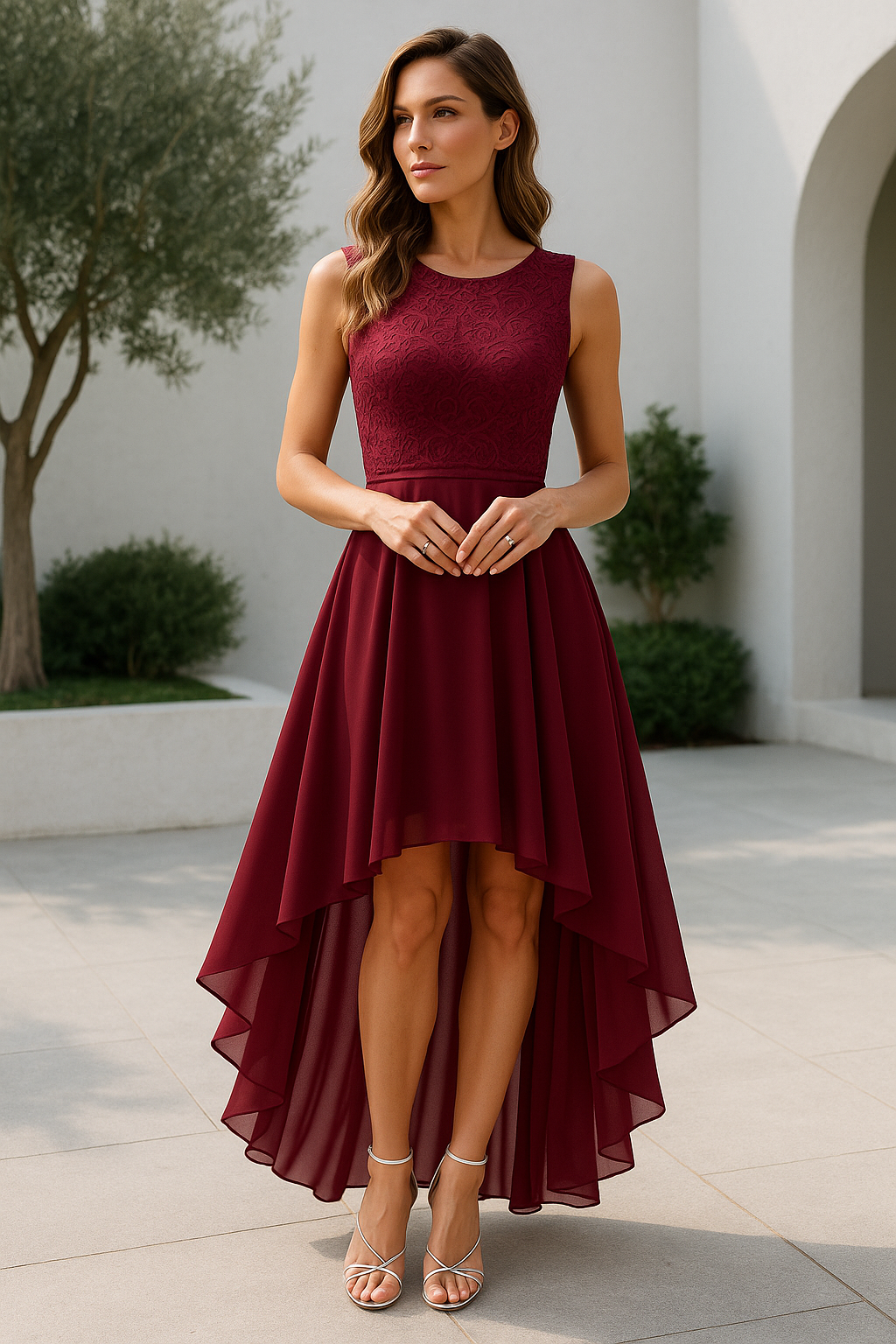 Burgundy lace-bodice high-low dress with flowing chiffon skirt and silver heels
