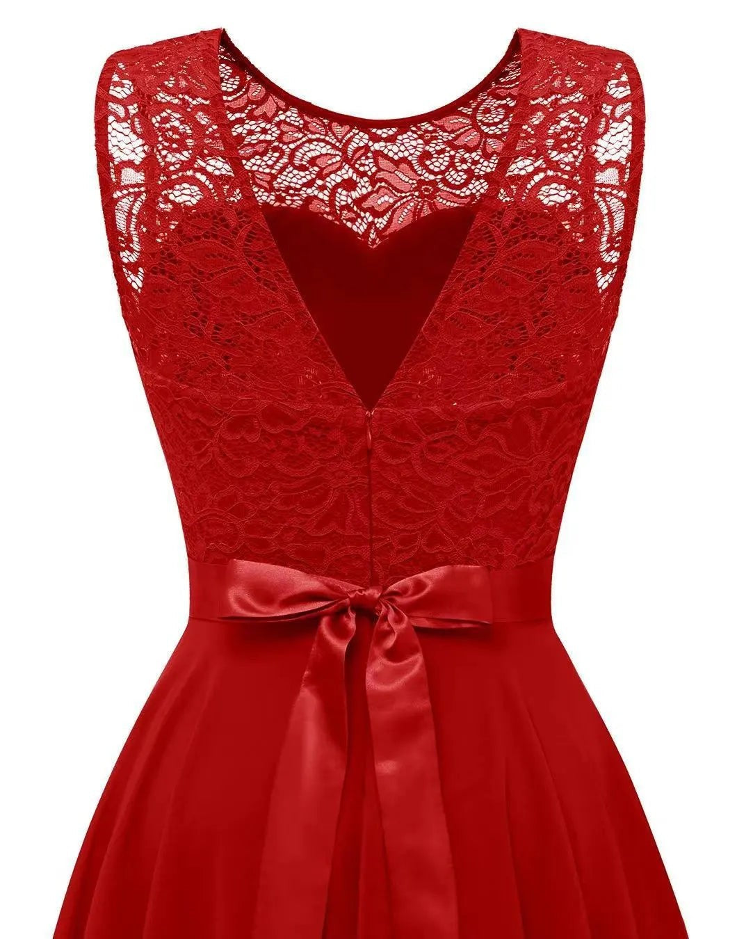 Red lace-bodice dress detail showing sweetheart cutout and ribbon waist tie
