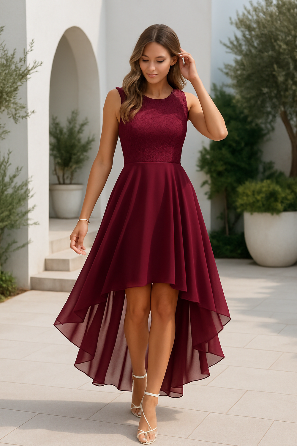 Woman walking in burgundy sleeveless high-low dress with lace bodice