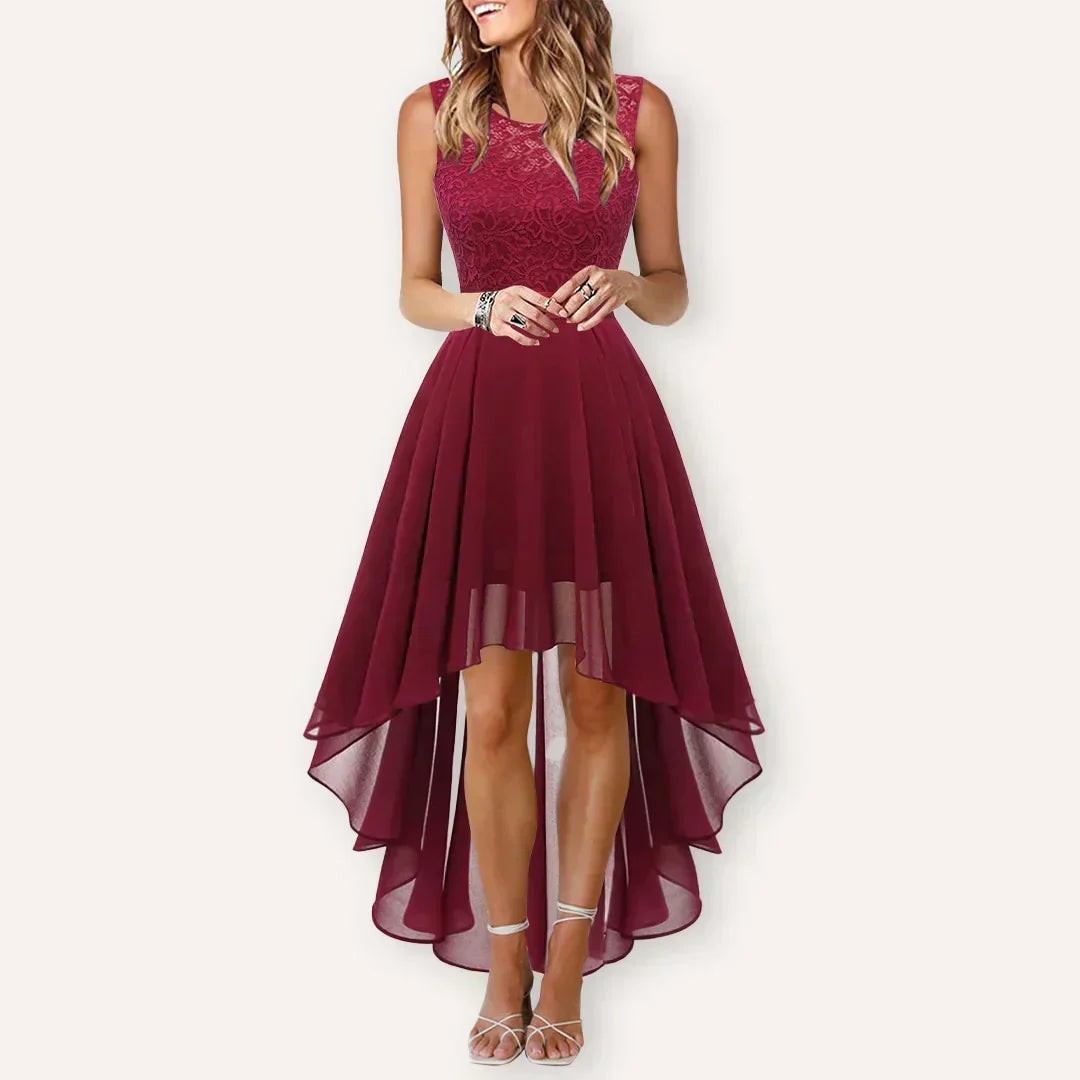 Burgundy high-low dress featuring lace top and asymmetrical chiffon skirt