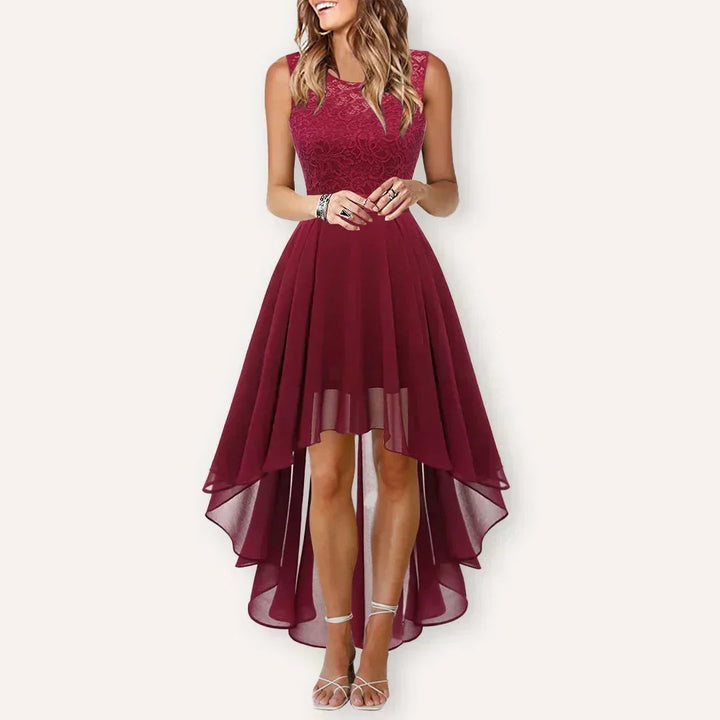 Burgundy high-low dress featuring lace top and asymmetrical chiffon skirt