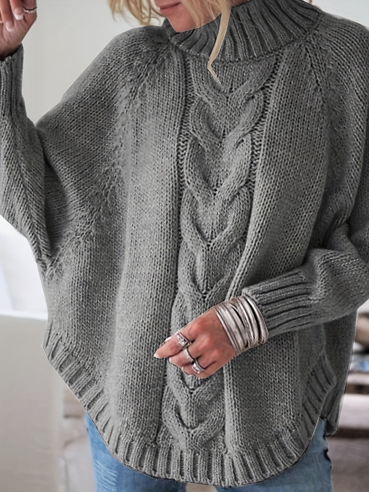 Gray cable-knit high-neck sweater with oversized batwing sleeves