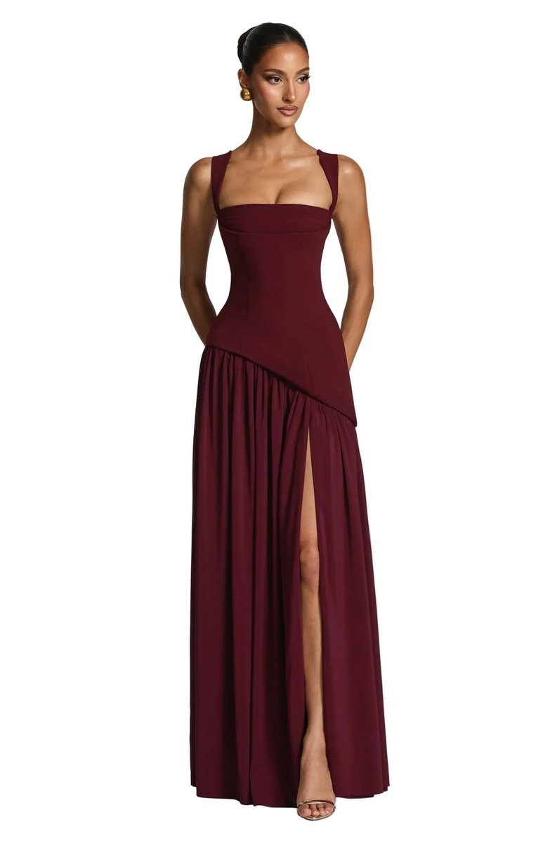 Burgundy square-neck maxi dress with asymmetric waist and high thigh slit